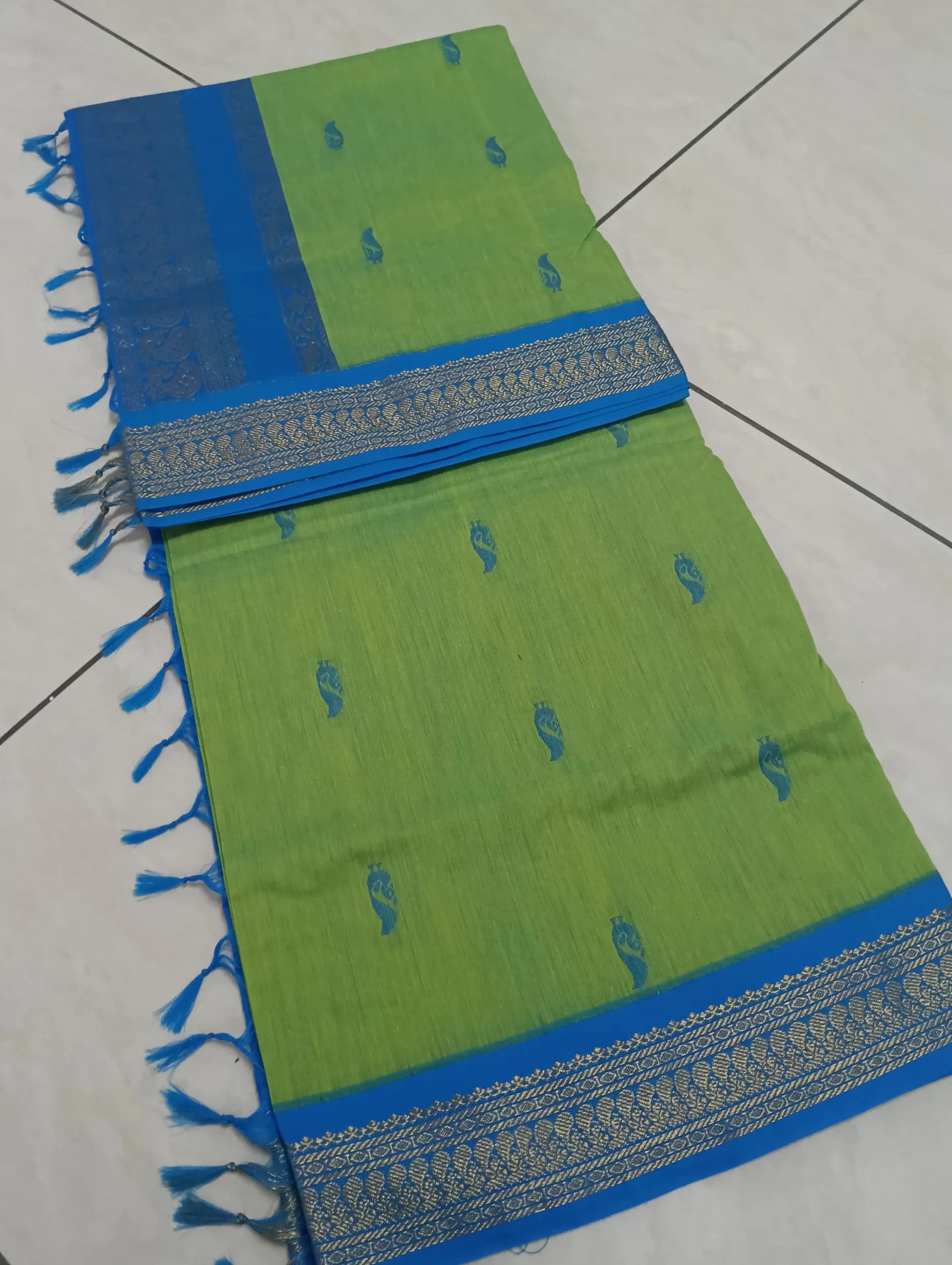 Kalyani cotton saree plain (blue and green combo)