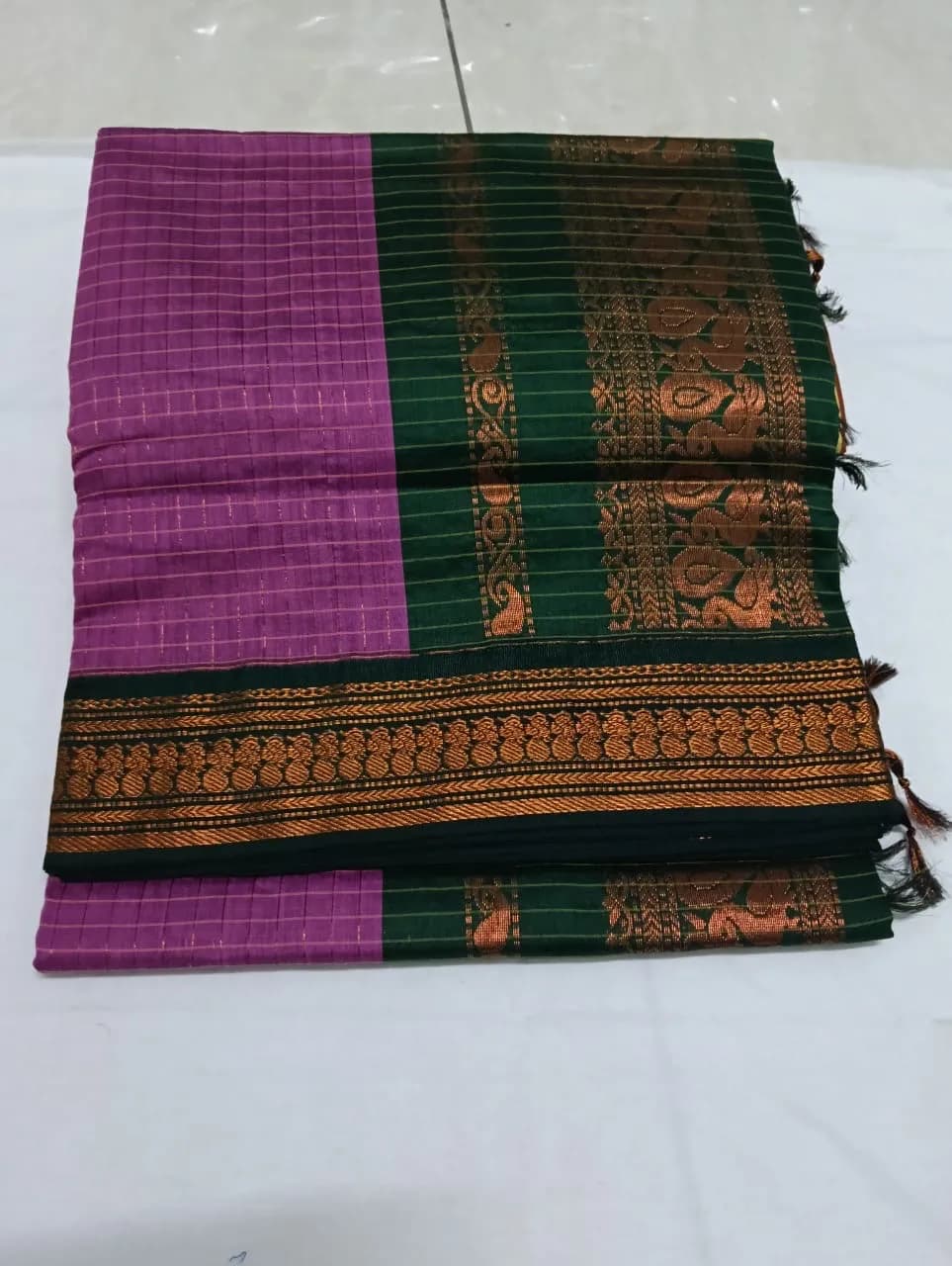 Checked kalyani cotton saree ( magenta and green combo)