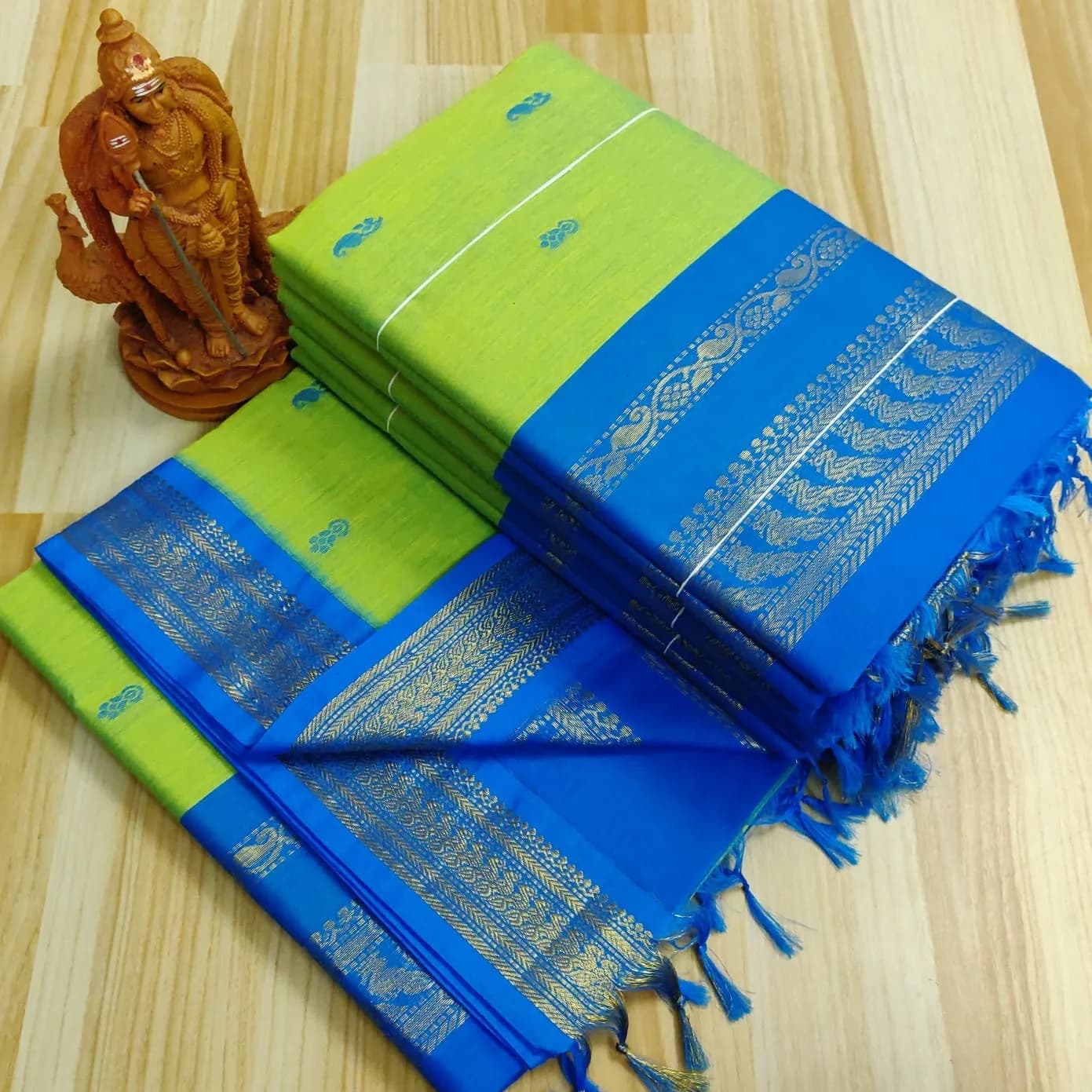 Kalyani cotton saree plain (blue and green combo)