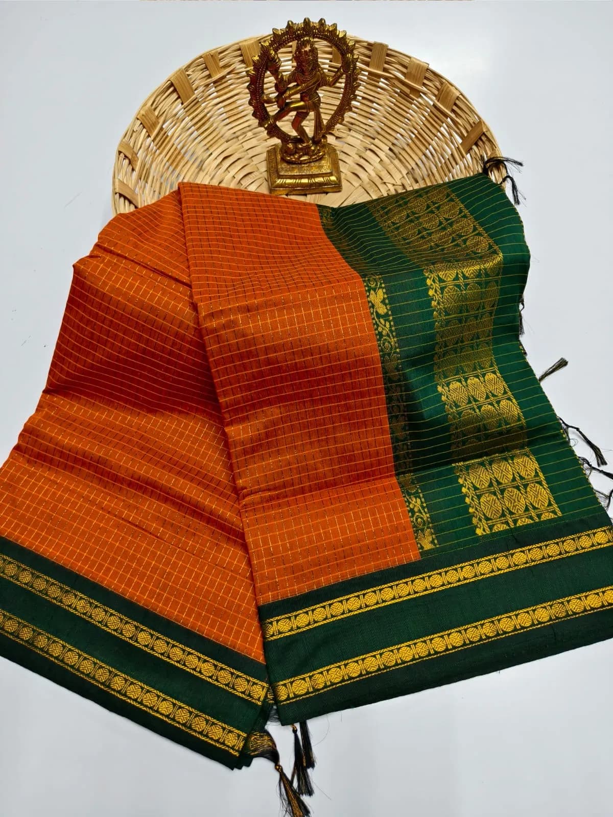 Lata Gadwal checked paithani saree (orange and bottle green)