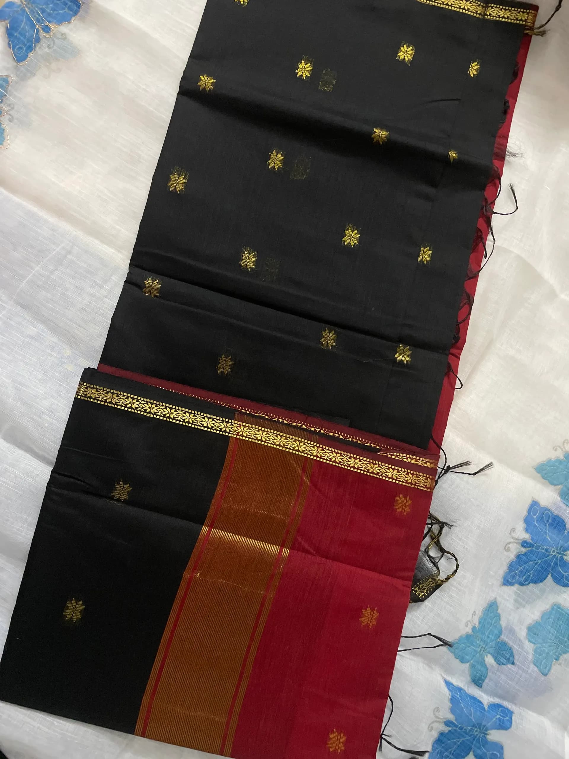 Maheswari cotton silk black and brick red