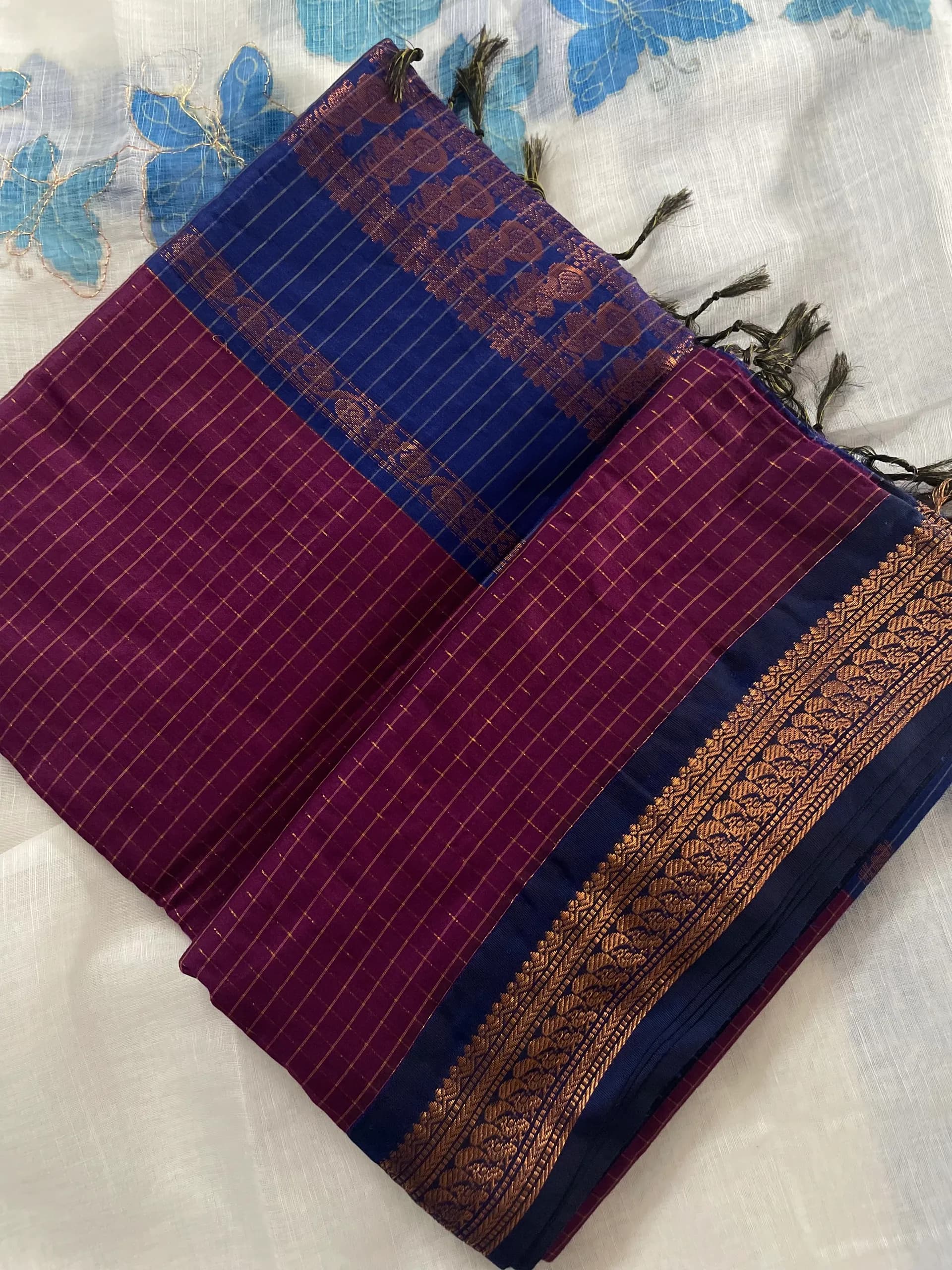 Checked Kalyani cotton (purple and blue)