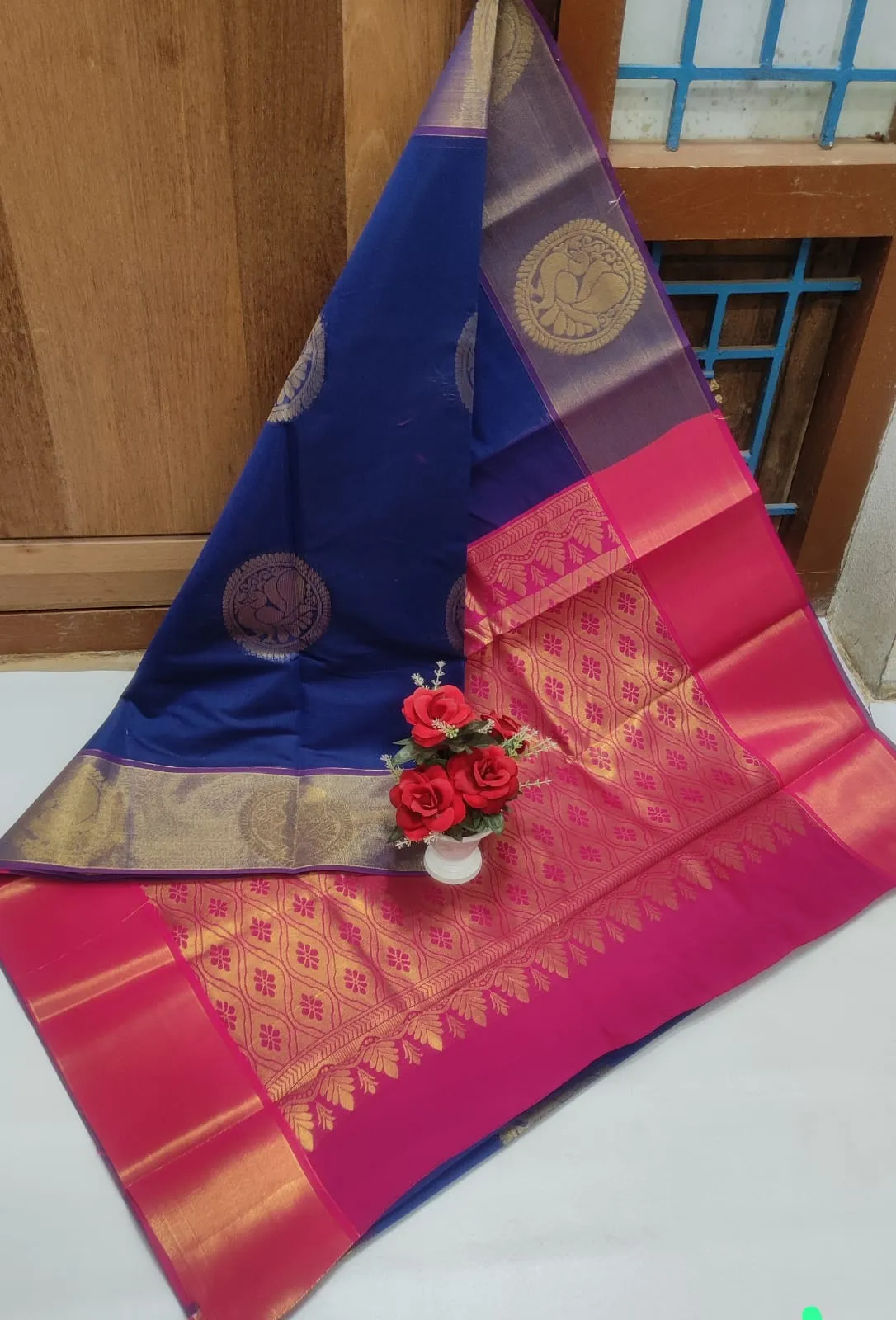 Chanderi kuppadam rich silk cotton saree Royal blue