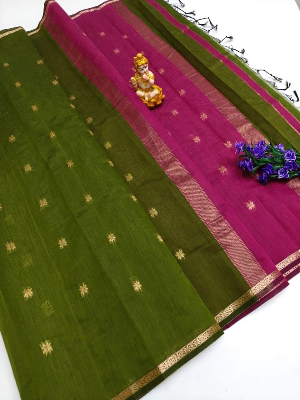 Maheswari silk cotton saree peanut green and rani pink