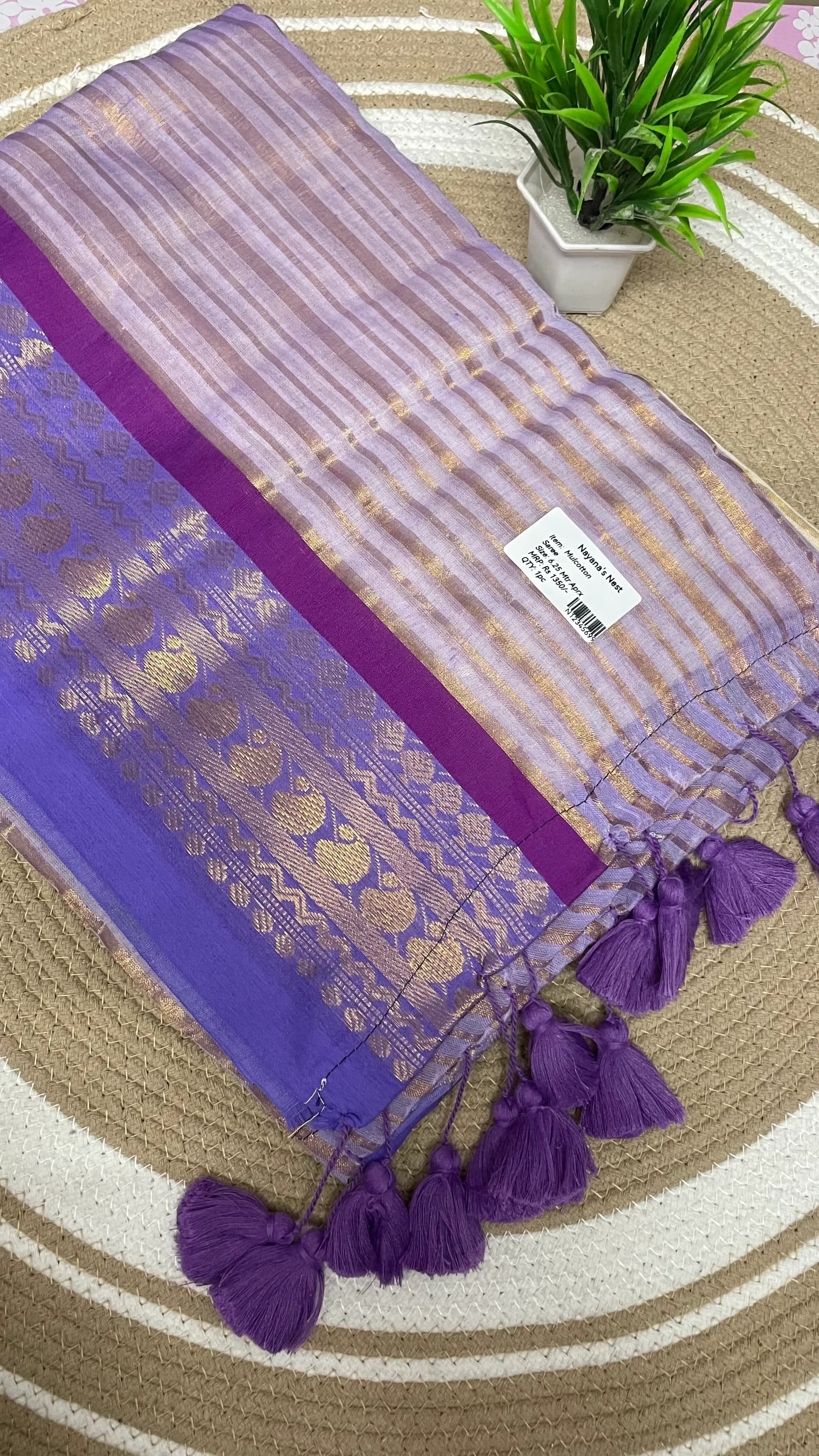 120 count mulcotton striped lavender saree