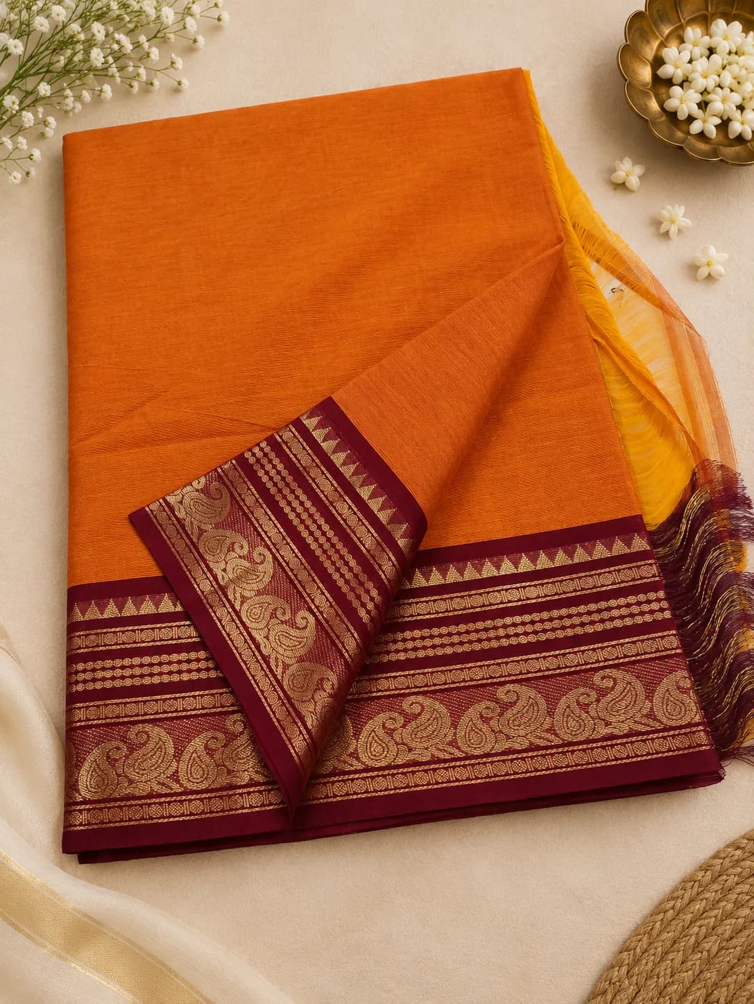 Kanchi cotton orange and meroon combo medium border