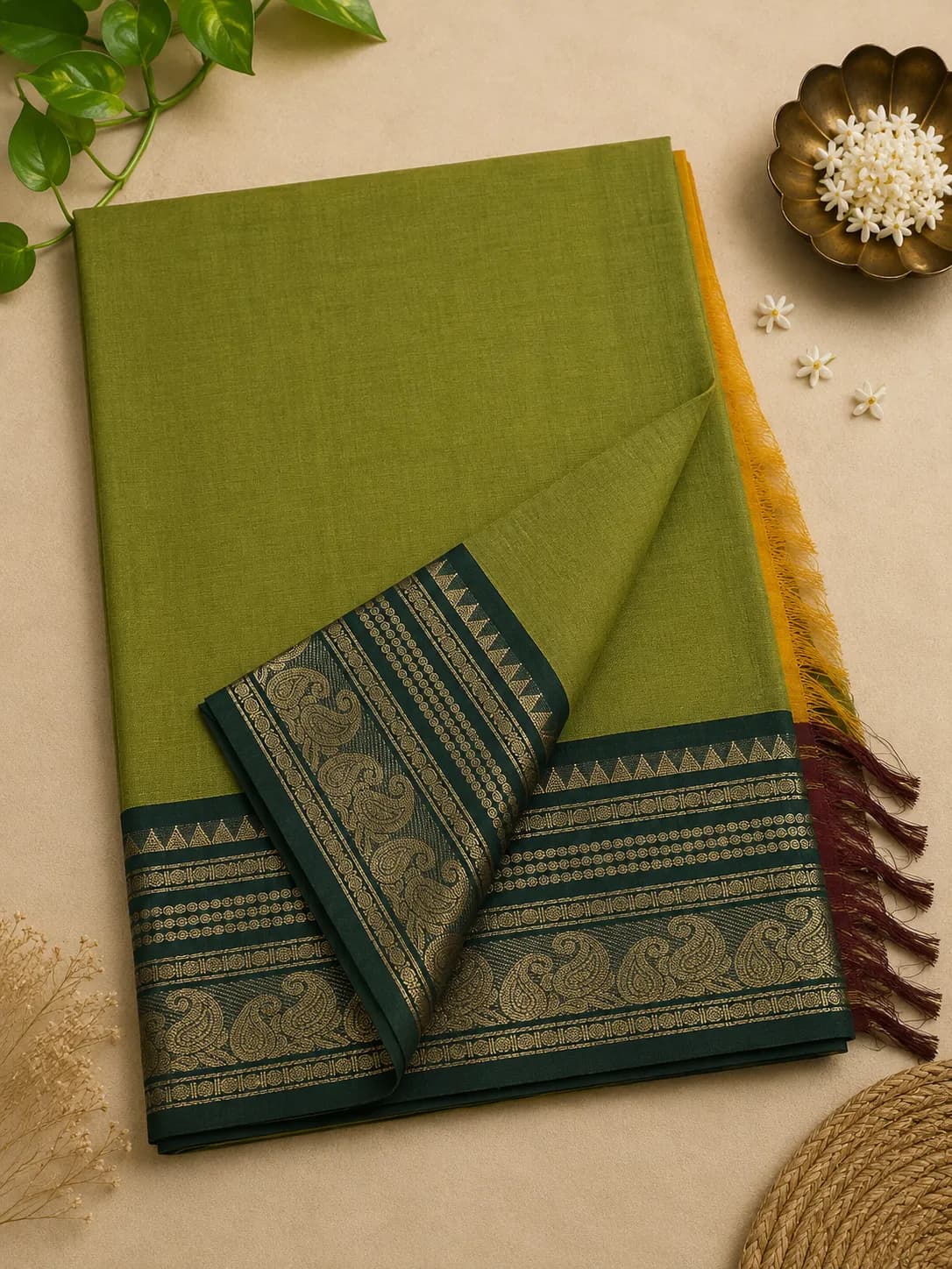 Kanchi cotton medium border leafy green