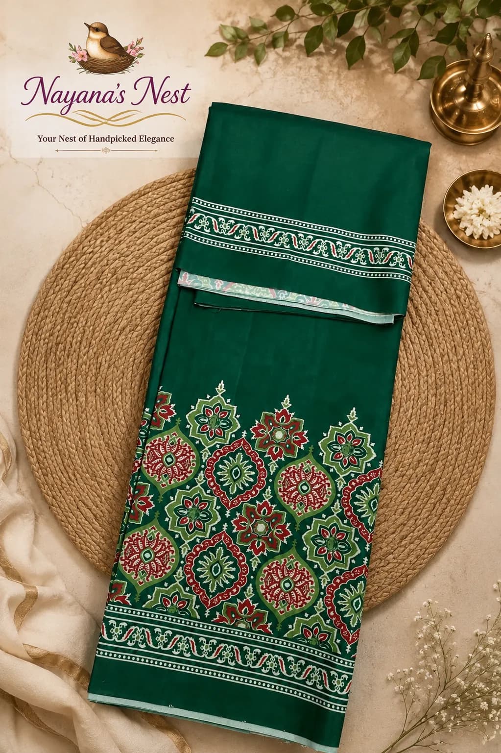 Ajrak printed silk saree green