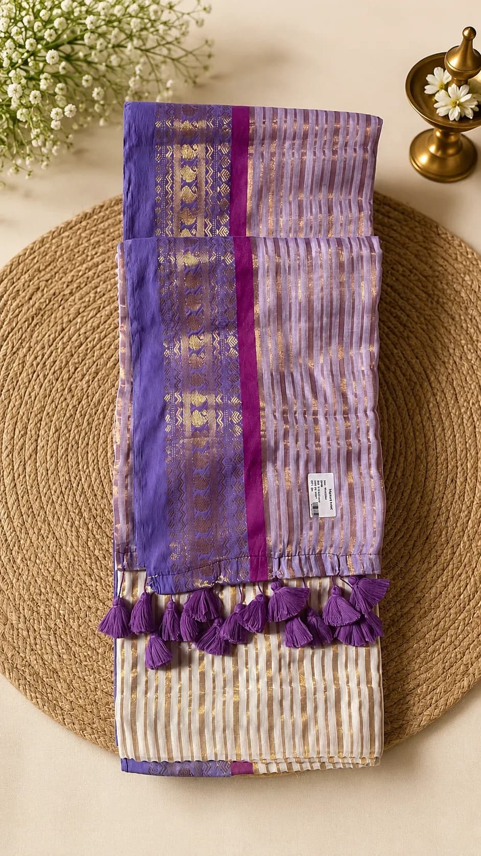 120 count mulcotton striped lavender saree