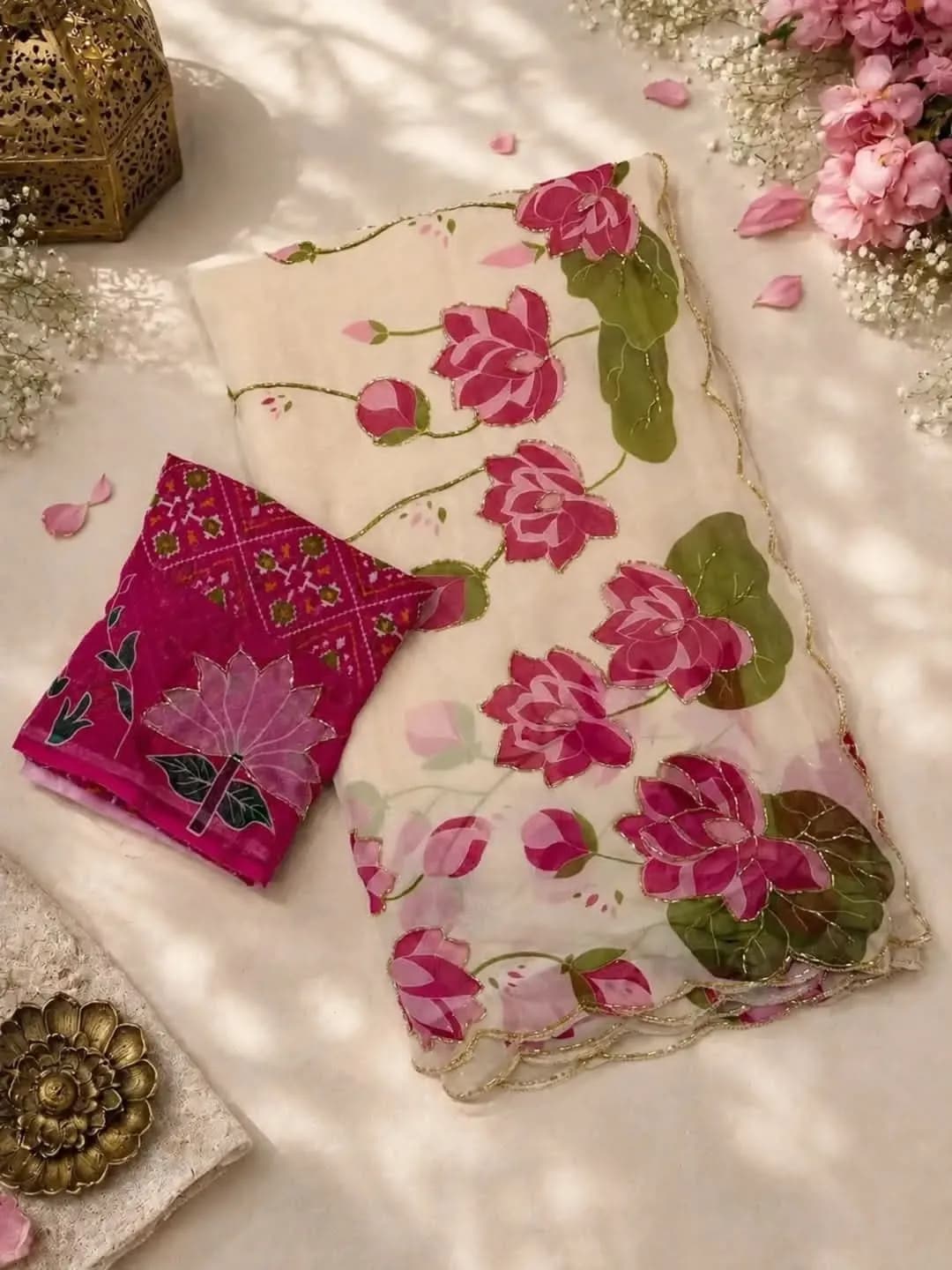 Lotus soft Gorgette saree ivary
