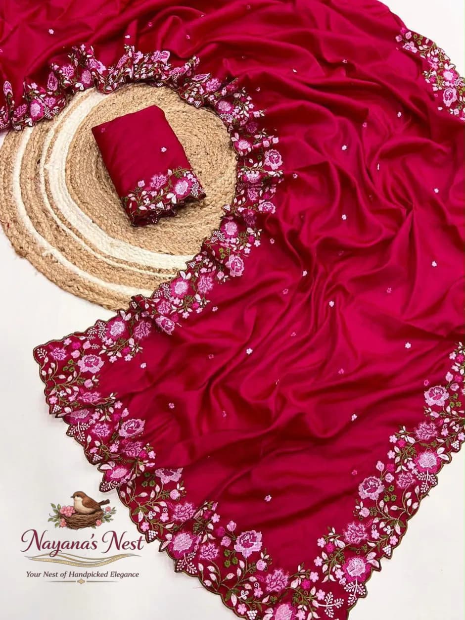 Korean Tusser silk with embroidery red