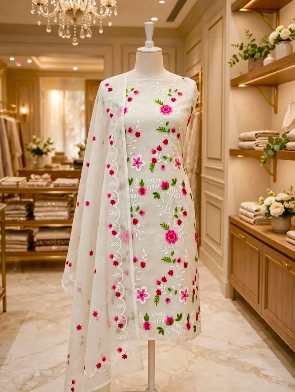 Kota doriya with floral embroidery white