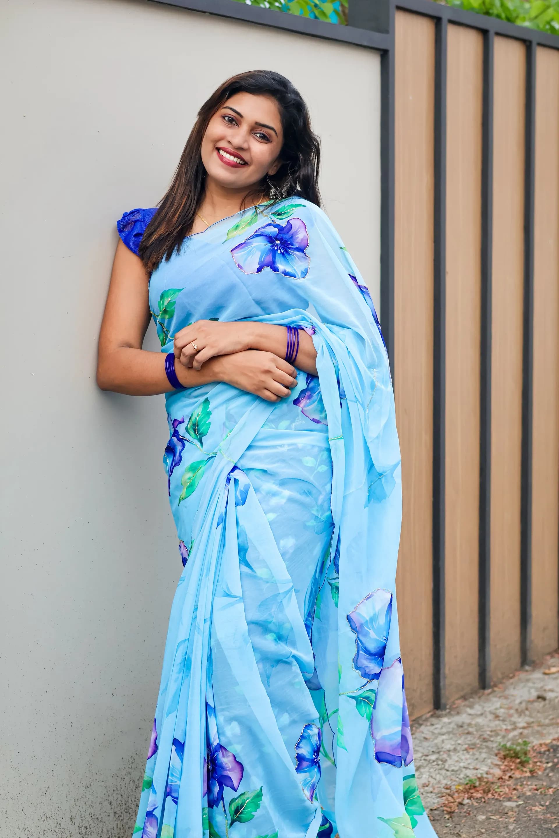 Chiffon saree with digital print and handwork