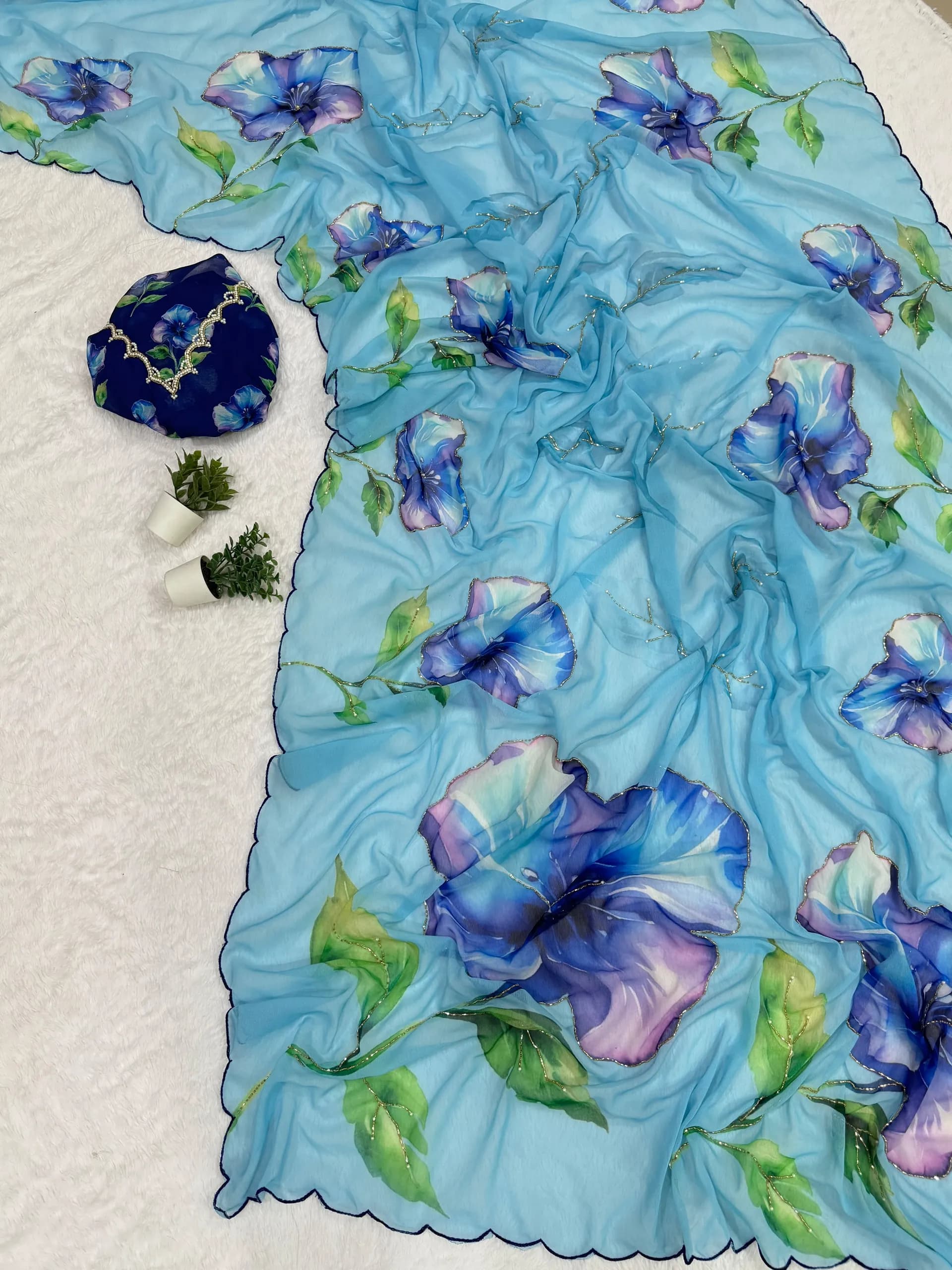 Chiffon saree with digital print and handwork