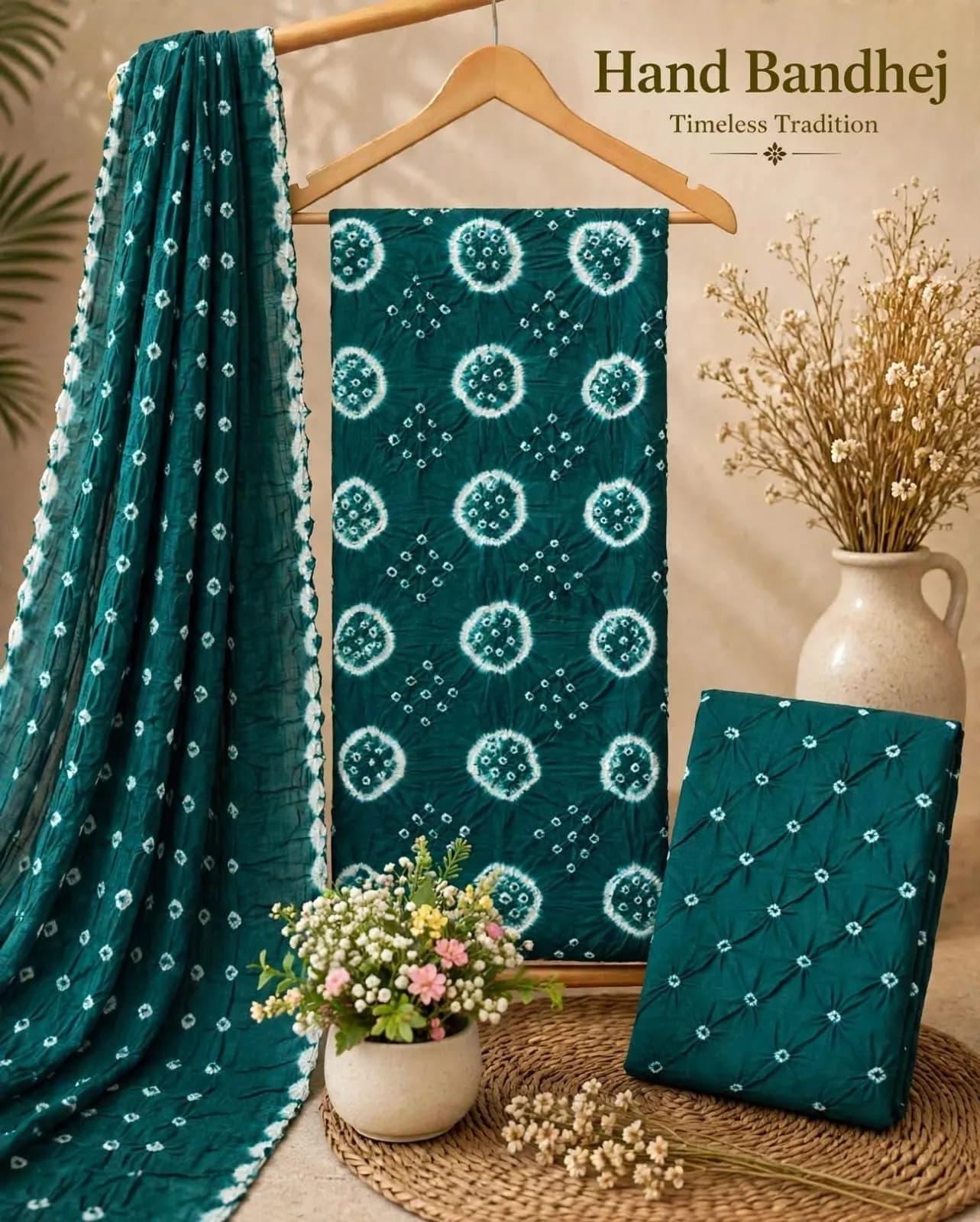 Bandhini unstitched salwar material dark bottle green and white
