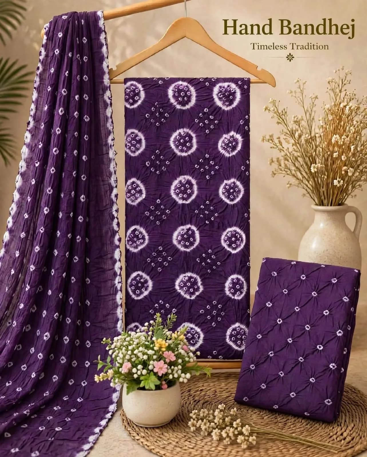 Bandhini unstitched salwar material Violet and white